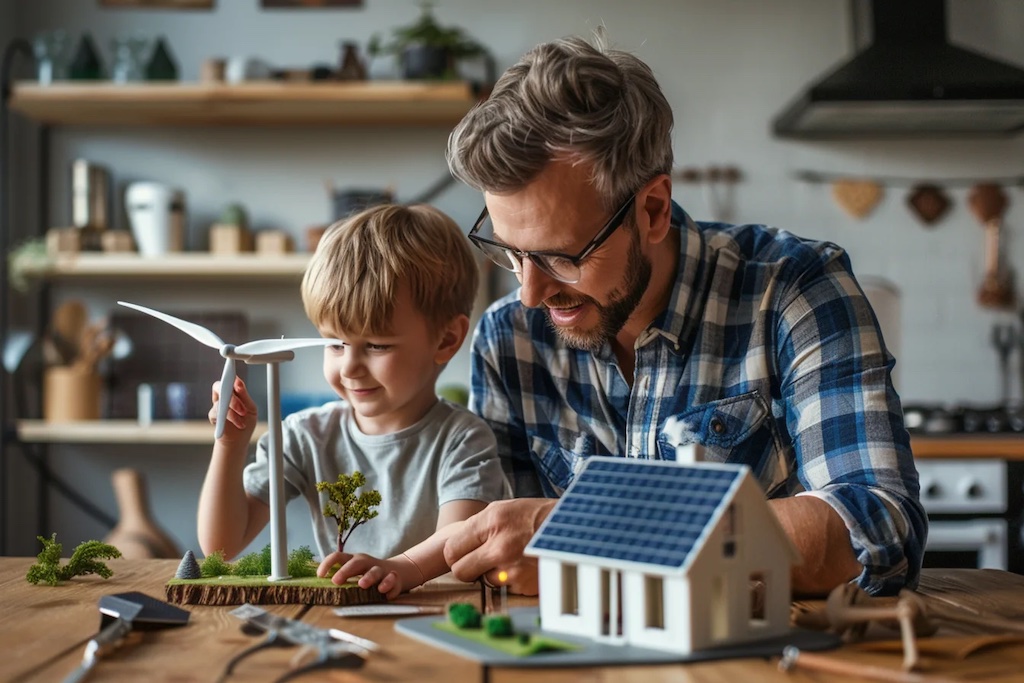 Копия Handsome middle aged father with cute little boy building a small house model with solar panels and a wind turbine on a table at home